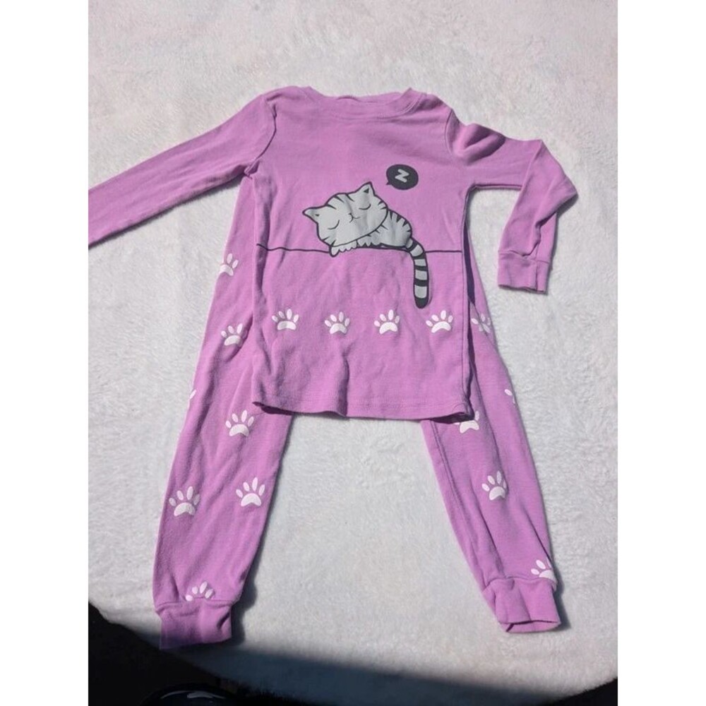 Girls Purple Sleeping Cat Pajama Set Size 5/6 Cotton 2-Piece